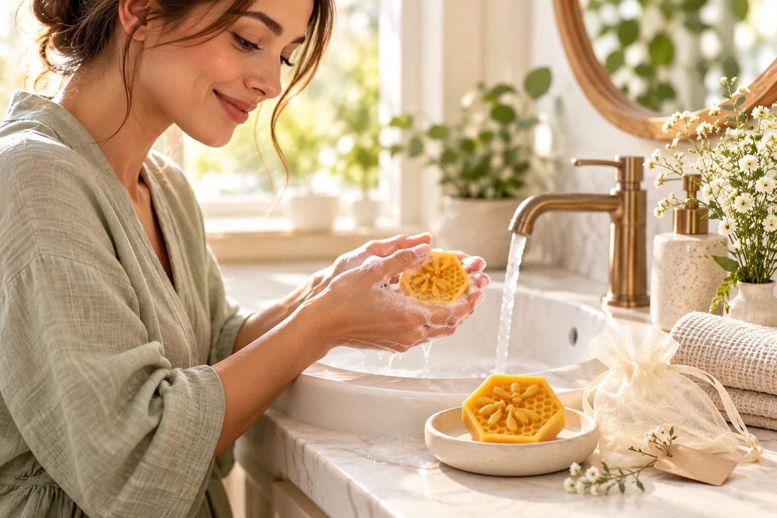 Honeycomb soap being used at a warm, welcoming home washbasin