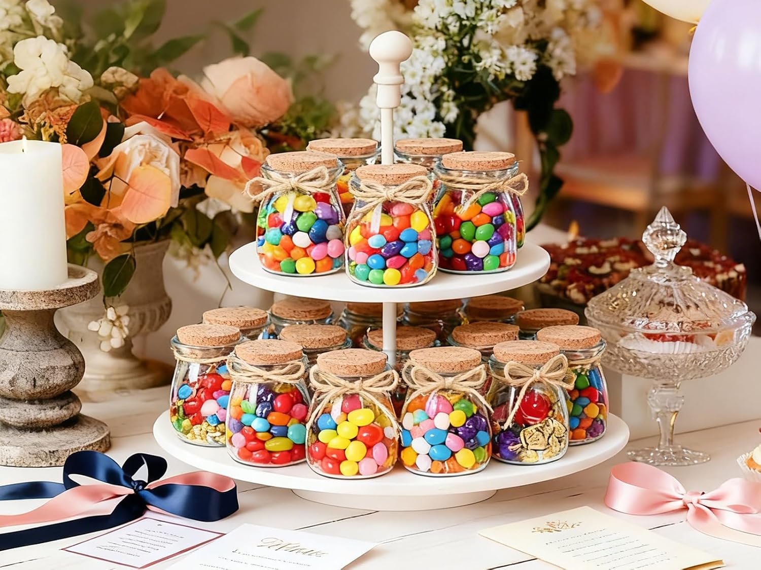 Pudding-style glass jars on a wedding favor table