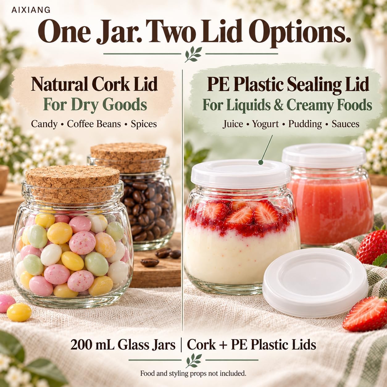 Classic 200 mL glass jar shown with cork and plastic lids