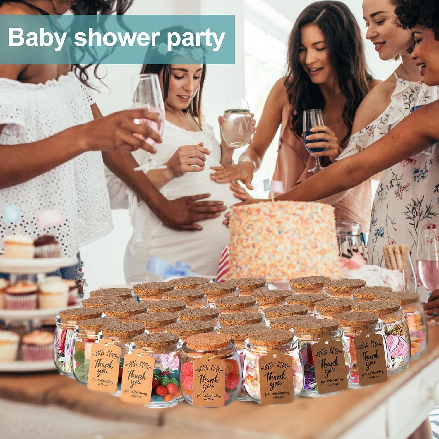 Classic glass jars styled for a baby shower favor table
